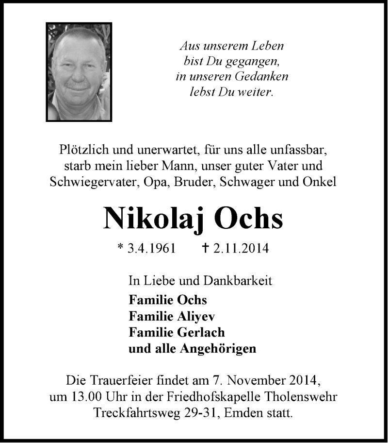  Traueranzeige für Nikolaj Ochs vom 06.11.2014 aus Emder Zeitung