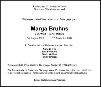 Traueranzeige von Marga Bruhns von Emder Zeitung