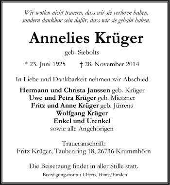 Traueranzeige von Annelies Krüger von Emder Zeitung
