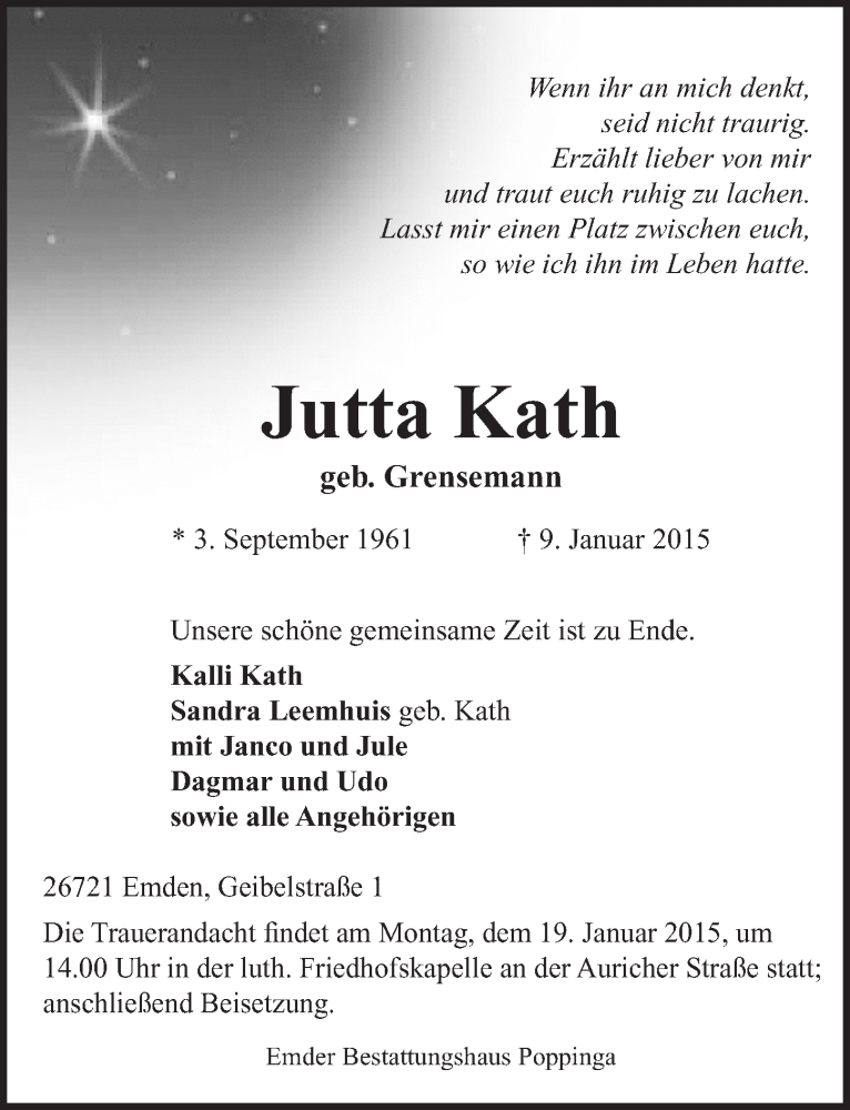  Traueranzeige für Jutta Kath vom 12.01.2015 aus Emder Zeitung