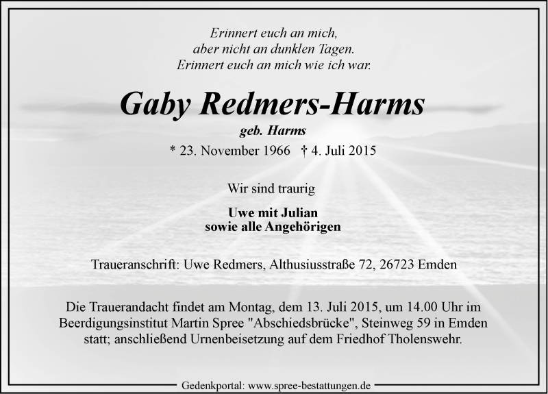  Traueranzeige für Gaby Redmers-Harms vom 07.07.2015 aus Emder Zeitung