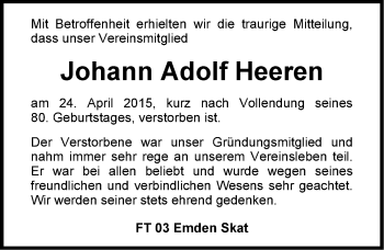 Traueranzeige von Johann Adolf Heeren von Emder Zeitung