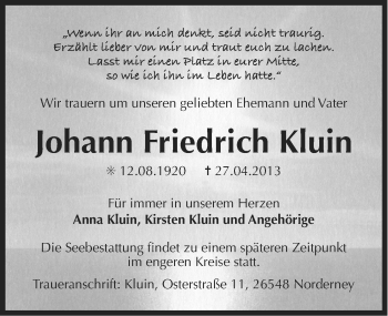 Traueranzeige von Johann Friedrich Kluin von Emder Zeitung