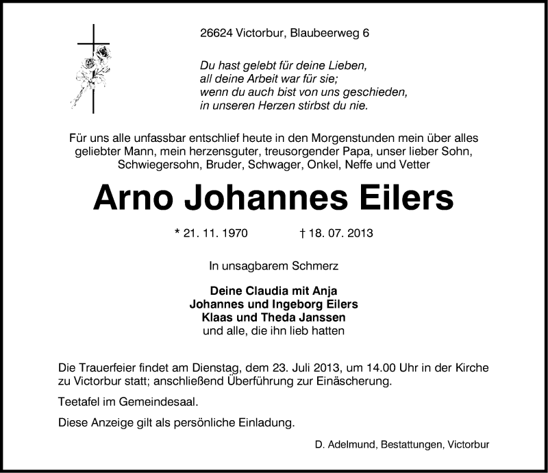 Traueranzeigen von Arno Johannes Eilers | nordwest-trauer.de