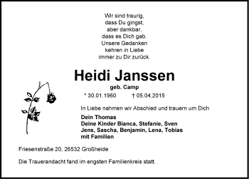 Traueranzeige von Heidi Janssen von Emder Zeitung
