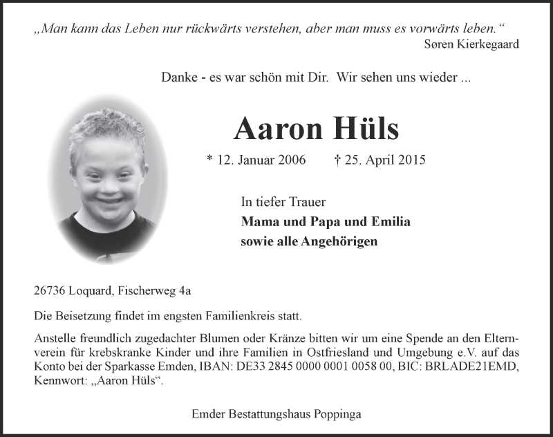  Traueranzeige für Aaron Hüls vom 27.04.2015 aus Emder Zeitung