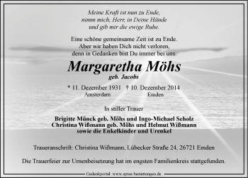 Traueranzeige von Margaretha Möhs von Emder Zeitung