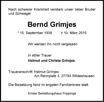 Traueranzeige von Bernd Grimjes von Emder Zeitung