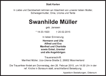 Traueranzeige von Swanhilde Müller von Emder Zeitung