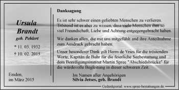 Traueranzeige von Ursula Brandt von Emder Zeitung