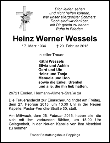 Traueranzeige von Heinz Werner Wessels von Emder Zeitung
