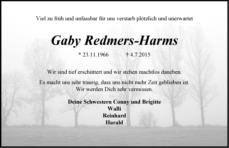  Traueranzeige für Gaby Redmers-Harms vom 07.07.2015 aus Emder Zeitung