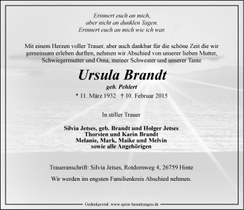 Traueranzeige von Ursula Brandt von Emder Zeitung