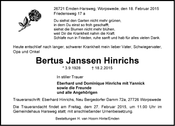 Traueranzeige von Bertus Janssen Hinrichs von Emder Zeitung