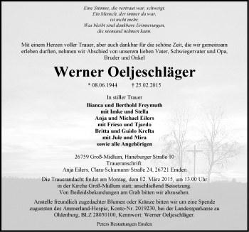 Traueranzeige von Werner Oeljeschläger von Emder Zeitung