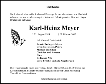 Traueranzeige von Karl-Heinz Meyer von Emder Zeitung