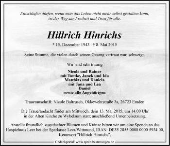 Traueranzeige von Hillrich Hinrichs von Emder Zeitung