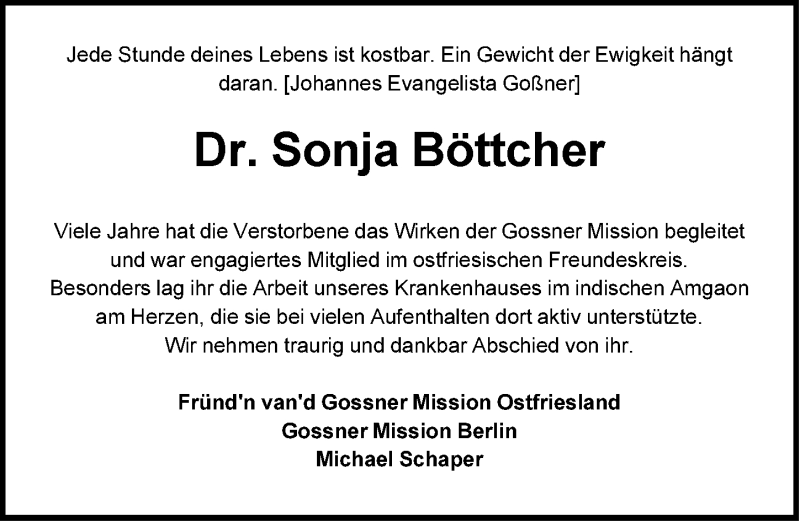  Traueranzeige für Sonja Böttcher vom 13.03.2015 aus Emder Zeitung