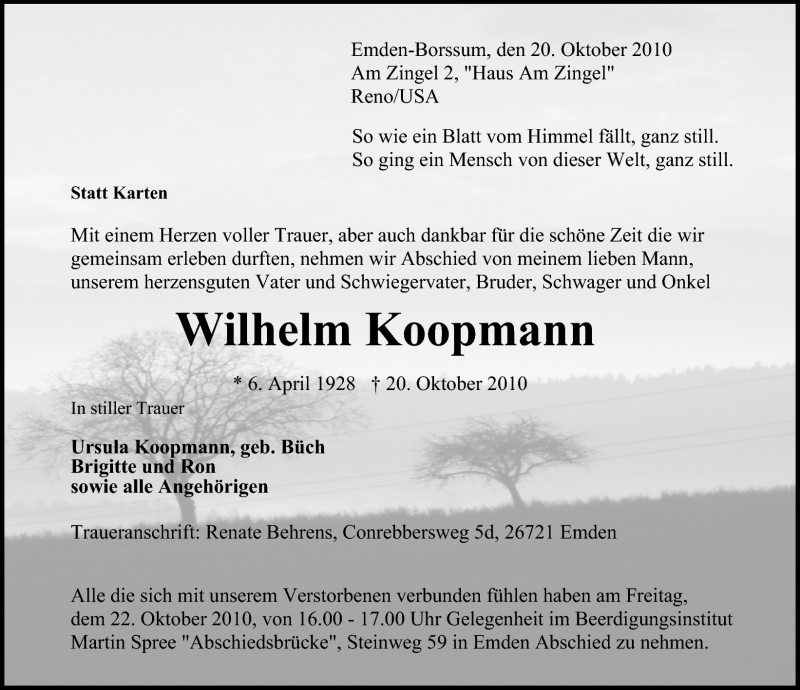  Traueranzeige für Wilhelm Koopmann vom 21.10.2010 aus Emder Zeitung