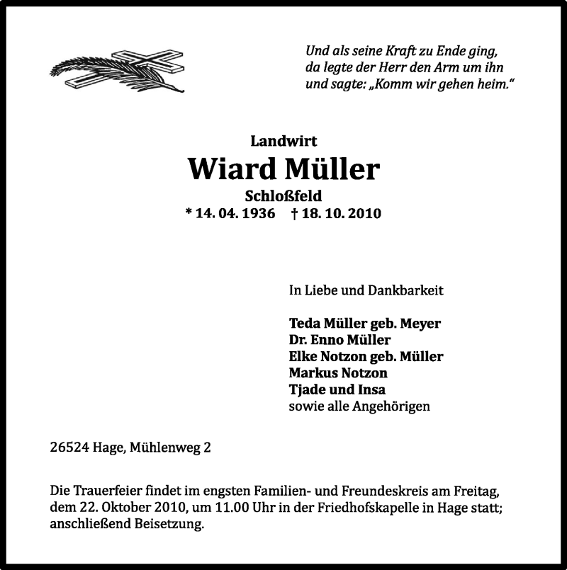 Traueranzeigen Von Wiard Müller | Nordwest-trauer.de