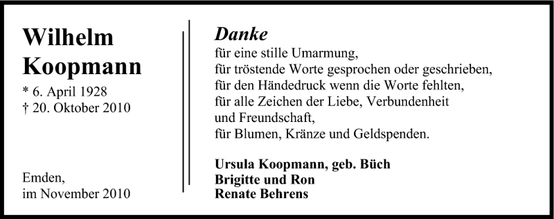  Traueranzeige für Wilhelm Koopmann vom 27.11.2010 aus Emder Zeitung
