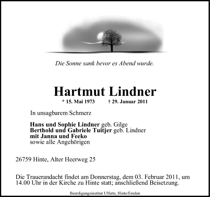  Traueranzeige für Hartmut Lindner vom 31.01.2011 aus Emder Zeitung