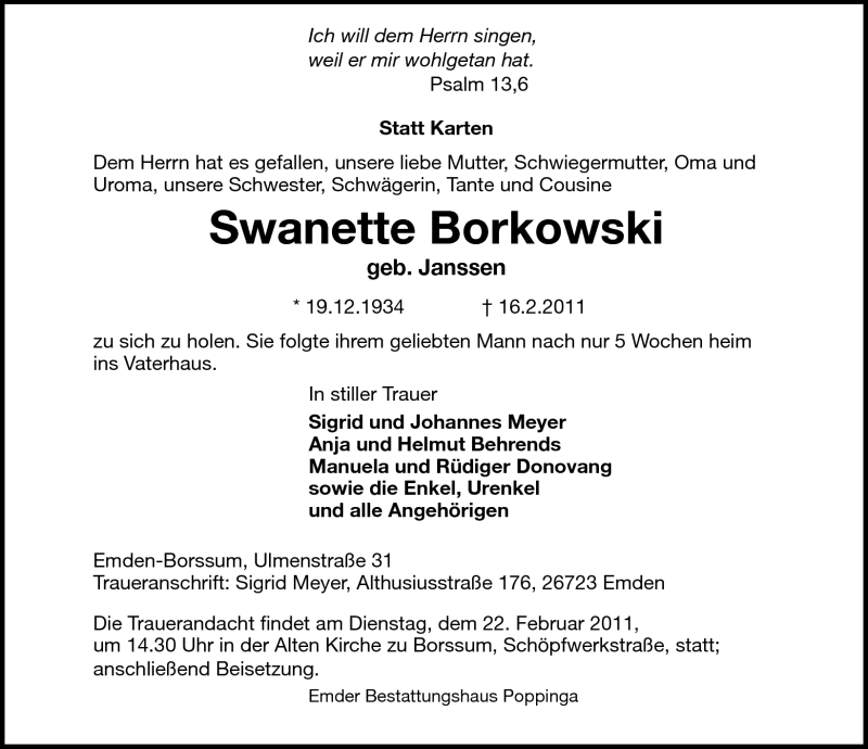  Traueranzeige für Swanette Borkowski vom 19.02.2011 aus Emder Zeitung