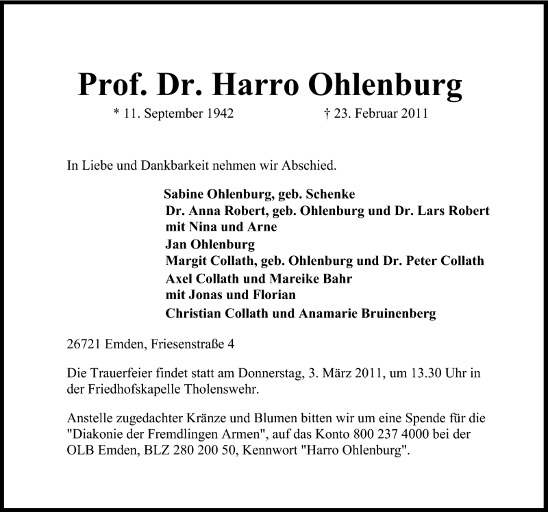  Traueranzeige für Prof. Dr. Harro Ohlenburg vom 26.02.2011 aus Emder Zeitung
