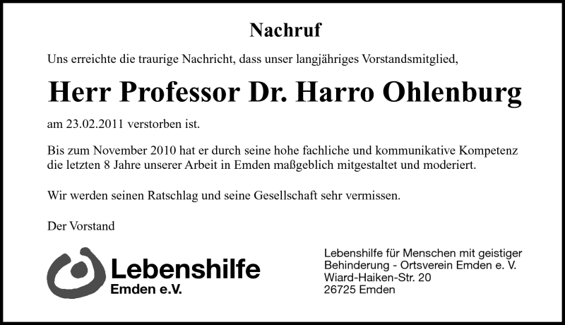  Traueranzeige für Prof. Dr. Harro Ohlenburg vom 28.02.2011 aus Emder Zeitung