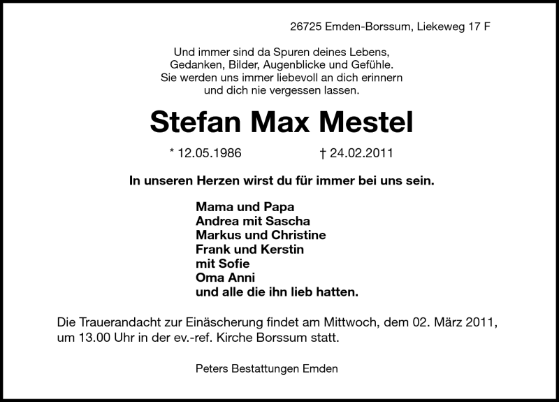  Traueranzeige für Stefan Max Mestel vom 28.02.2011 aus Emder Zeitung