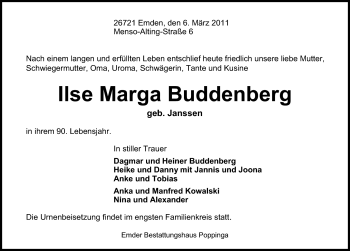 Traueranzeige von Ilse Marga Buddenberg von Emder Zeitung