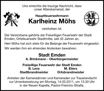 Traueranzeige von Karlheinz Möhs von Emder Zeitung