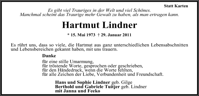  Traueranzeige für Hartmut Lindner vom 19.03.2011 aus Emder Zeitung