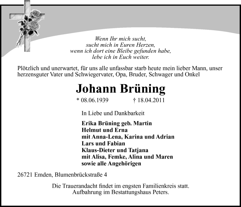  Traueranzeige für Johann Brüning vom 20.04.2011 aus Emder Zeitung