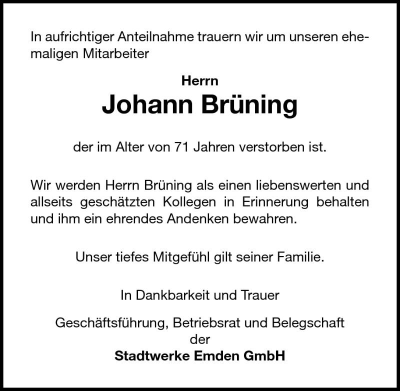  Traueranzeige für Johann Brüning vom 21.04.2011 aus Emder Zeitung