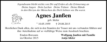 Traueranzeige von Agnes Janßen von Emder Zeitung