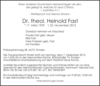 Traueranzeige von Heinold Fast von Emder Zeitung