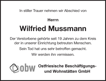 Traueranzeige von Wilfried Mussmann von Emder Zeitung