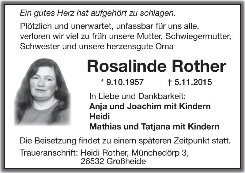 Traueranzeigen von Rosalinde Rother | nordwest-trauer.de