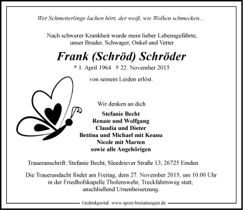 Traueranzeige von Frank Schröder von Emder Zeitung