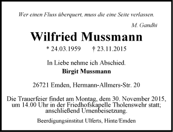 Traueranzeige von Wilfried Mussmann von Emder Zeitung