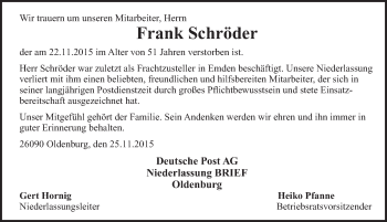 Traueranzeige von Frank Schröder von Emder Zeitung