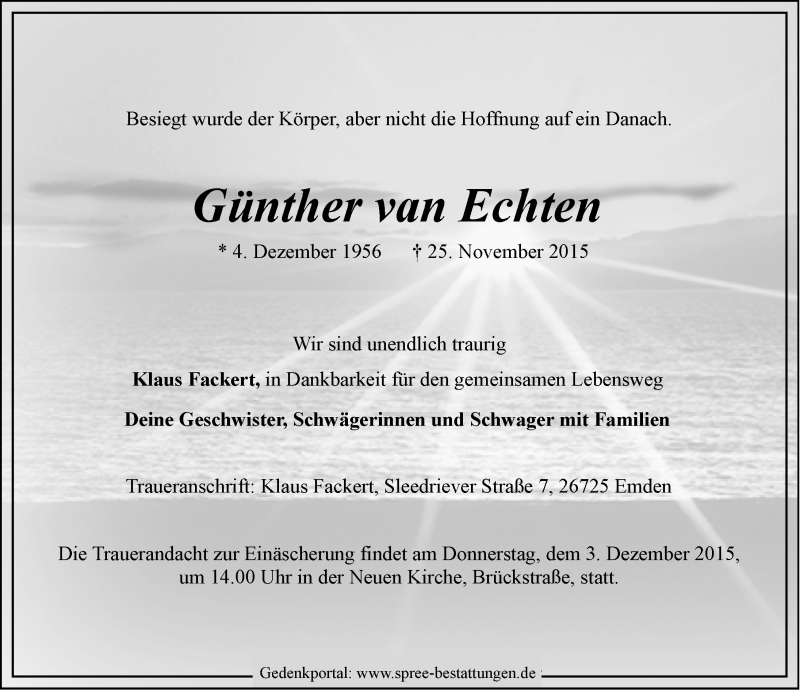  Traueranzeige für Günther van Echten vom 28.11.2015 aus Emder Zeitung