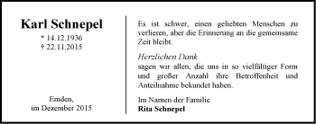 Traueranzeige von Karl Schnepel von Emder Zeitung