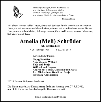Traueranzeige von Amelia Schröder von Emder Zeitung