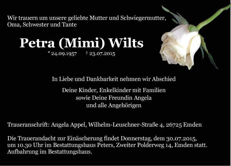  Traueranzeige für Petra Wilts vom 25.07.2015 aus Emder Zeitung