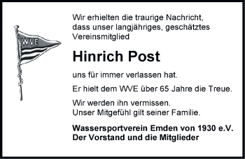 Traueranzeige von Hinrich Post von Emder Zeitung