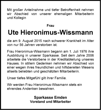 Traueranzeige von Ute Hieronimus-Wissmann von Emder Zeitung