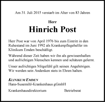 Traueranzeige von Hinrich Post von Emder Zeitung