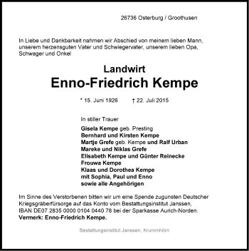 Traueranzeige von Enno-Friedrich Kempe von Emder Zeitung